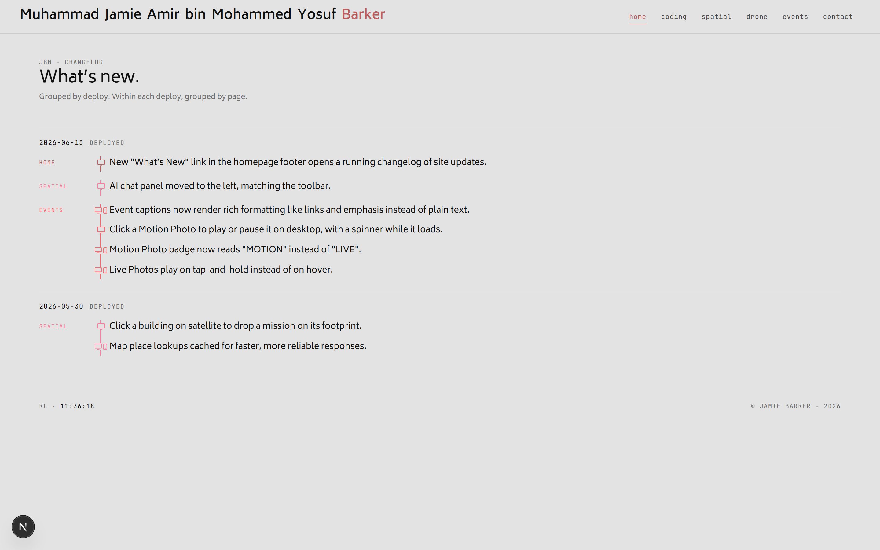 The What’s New page rendered at full width, showing the deploy batches and per-page timelines.